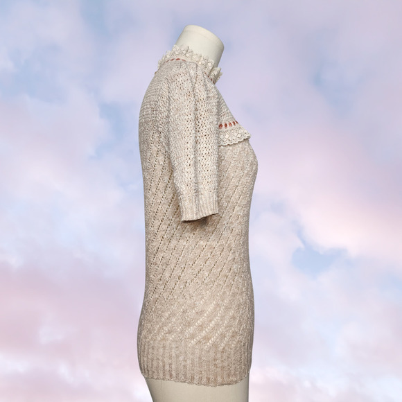 Vtg Tan Pink White Handmade Knit Turtleneck Lace Cottage Coquette Victorian Top - Picture 3 of 6